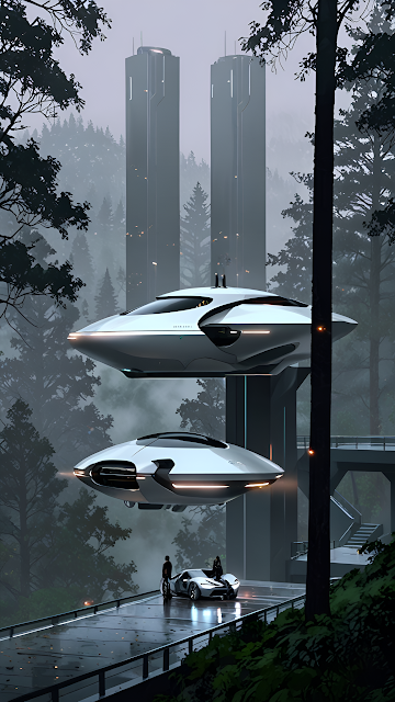 Futuristic Flying Vehicles Docked in Misty Forest Reserve - Free mobile Wallpaper