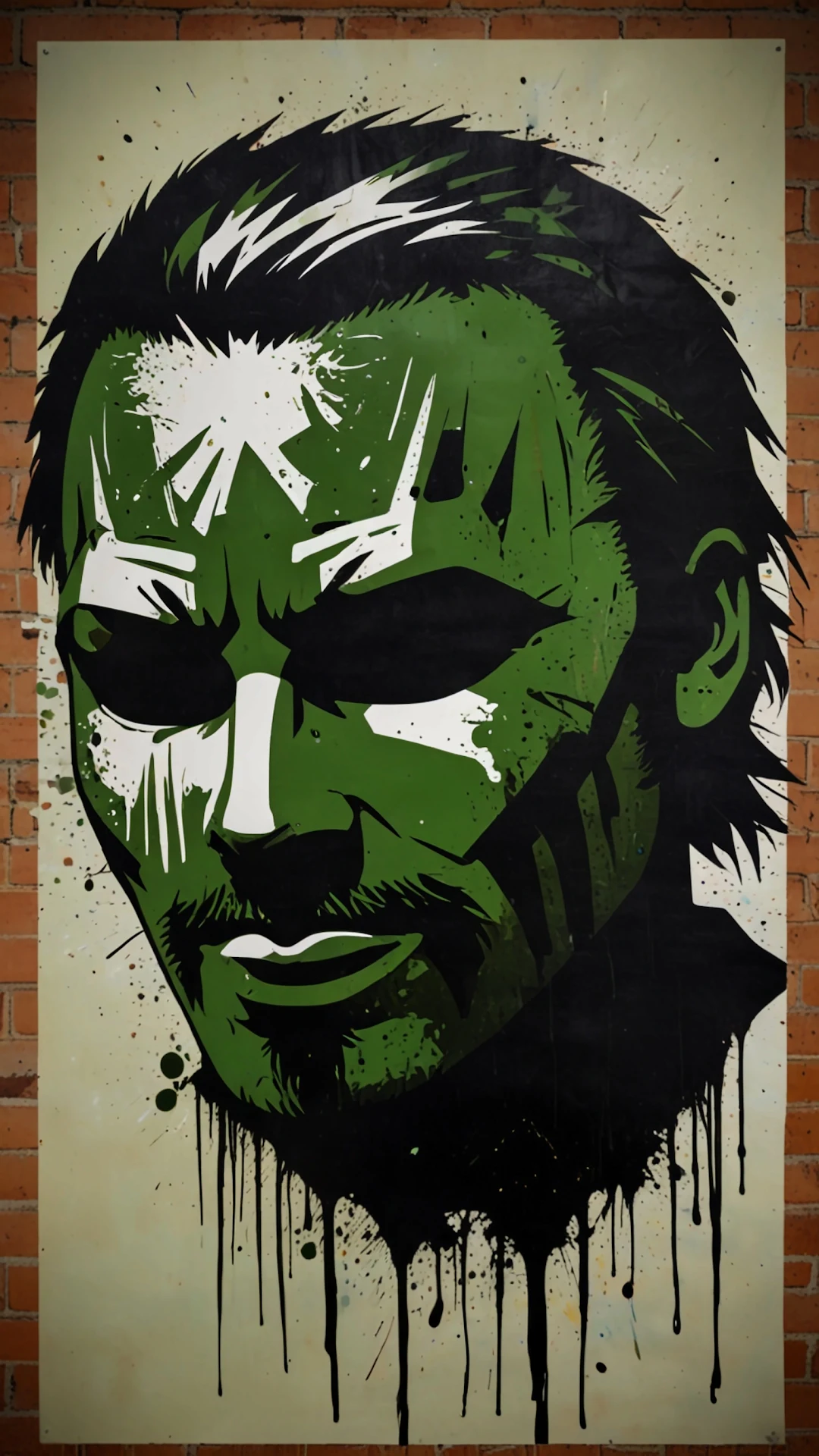 Gritty street art portrait of green faced character with black drips - Free 4K mobile Wallpaper