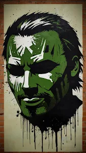 Gritty street art portrait of green faced character with black drips