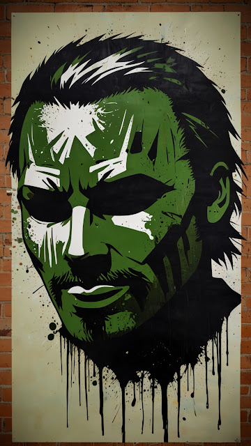 Gritty street art portrait of green faced character with black drips - Free mobile Wallpaper