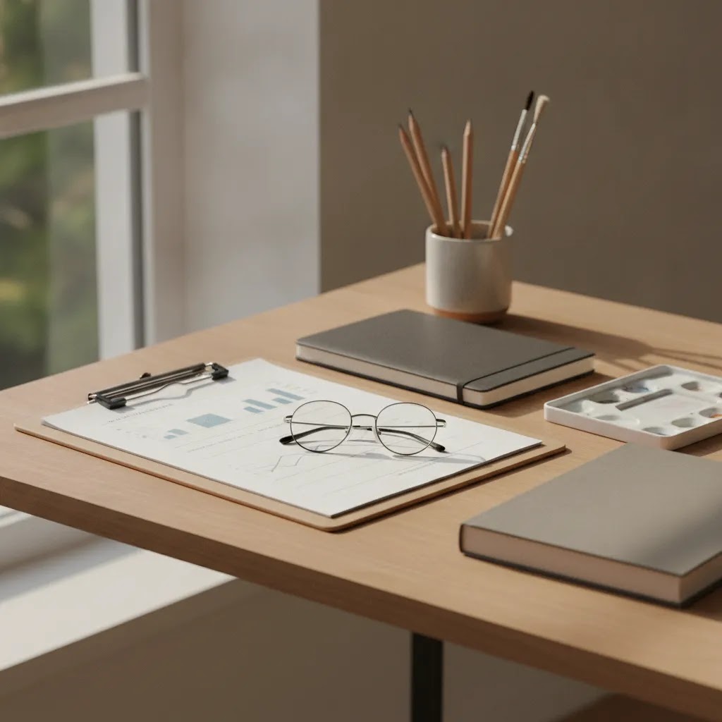 Minimal desk scene representing an art therapy benefits articles guide to credentials and professional practice