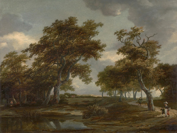 Bewaldete Flusslandschaft mit Figuren auf einem Weg 1659