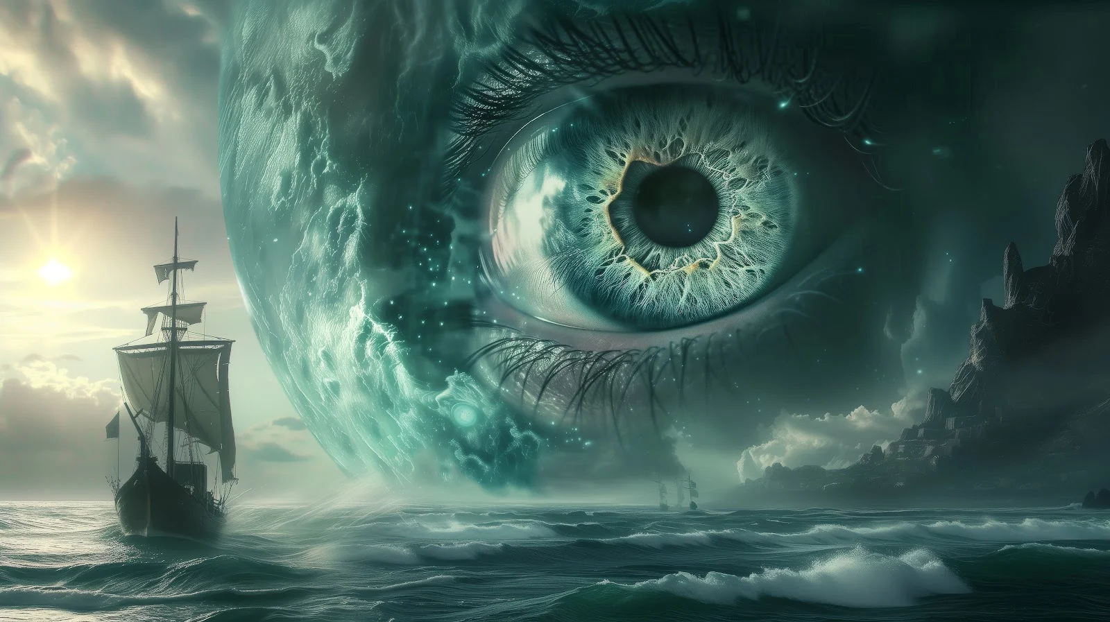 A Stunning Ai Art, Surreal, Eyes, Sea, Ship 5K Desktop and Mobile Wallpaper Background (5824x3264)