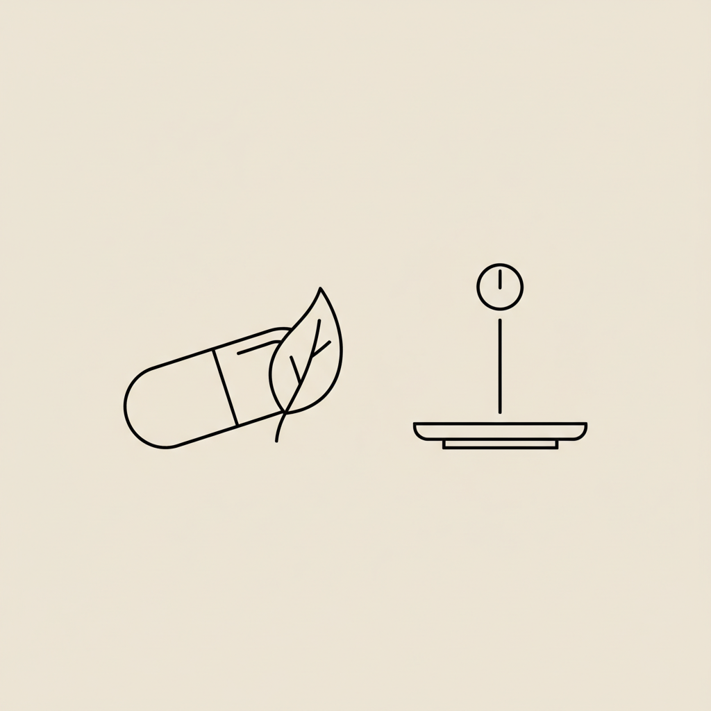 Minimal line-art capsule, small leaf, and scale on beige background representing measured, science-backed weight management — lose 10 pounds in 2 weeks on keto