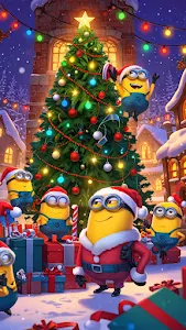 Minions Celebrating Christmas Around Giant Tree in Snow