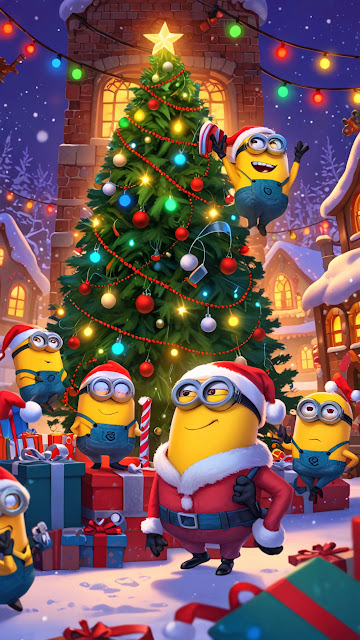 Minions Celebrating Christmas Around Giant Tree in Snow - Free mobile Wallpaper