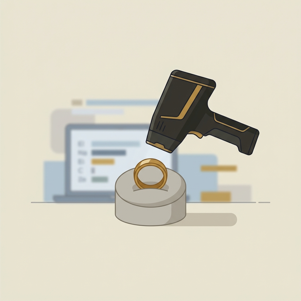 Minimalist 2D vector of a handheld XRF pointed at a gold ring on a foam rest with a blurred laptop elemental readout in the background gold ring roman numerals