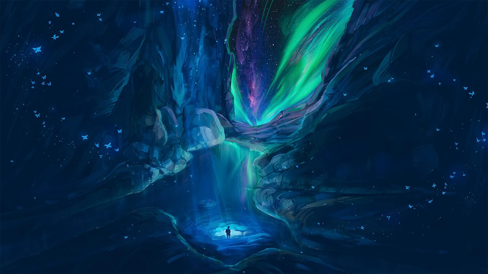 Lone Figure Under Cosmic Light - Digital Concept Art Full HD Wallpaper (1920x1080)