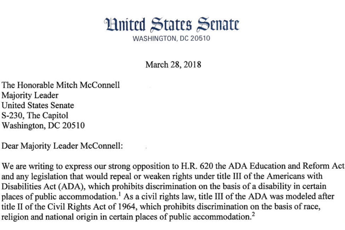 Screenshot of the March 28, 2018 letter to Senate Majority Leader Mitch McConnell from forty-three Senate Democrats opposing H.R. 620, the ADA Education and Reform Act