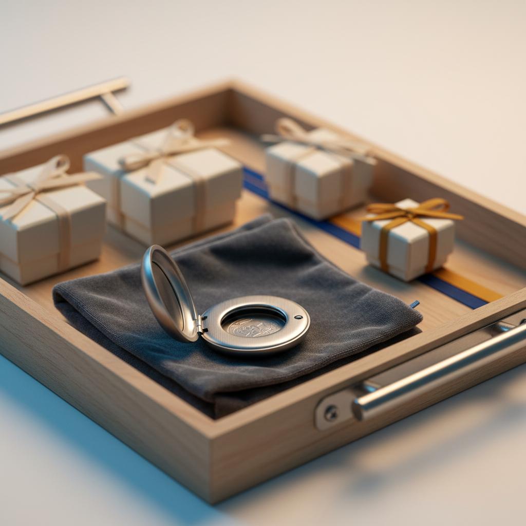 Taufpate Geschenk: Nahaufnahme eines Holztabletts mit kleinen Geschenkboxen und geöffnetem Metall-Anhänger auf samtigem Stoff, warme Beleuchtung, blaue und orange Akzente.