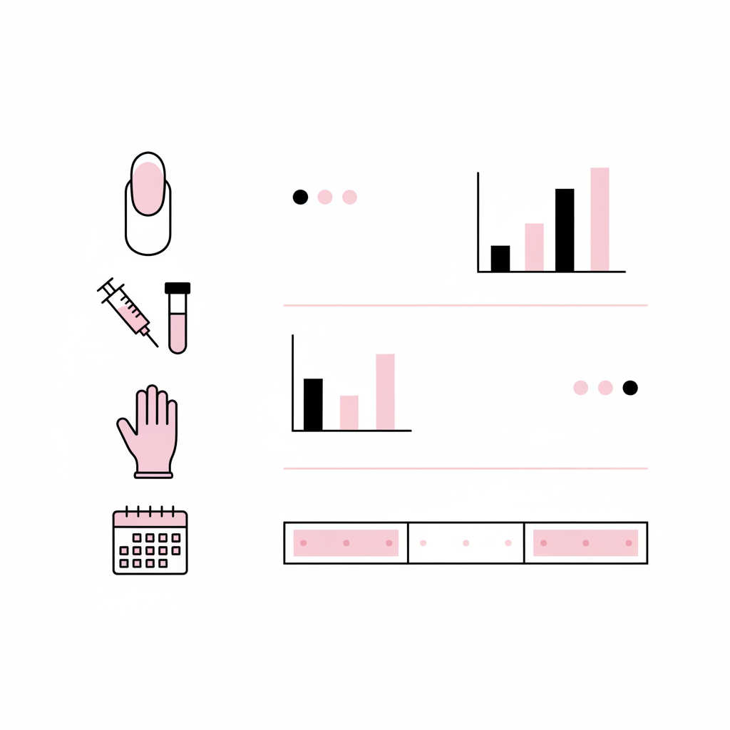 Minimalistische 2D‑Infografik zu weiche Nägel Ursachen mit Vektor‑Icons (Nagel, Spritze, Blutprobe, Handschuh) und symbolischer 12‑Wochen‑Routine vor weißem Hintergrund.