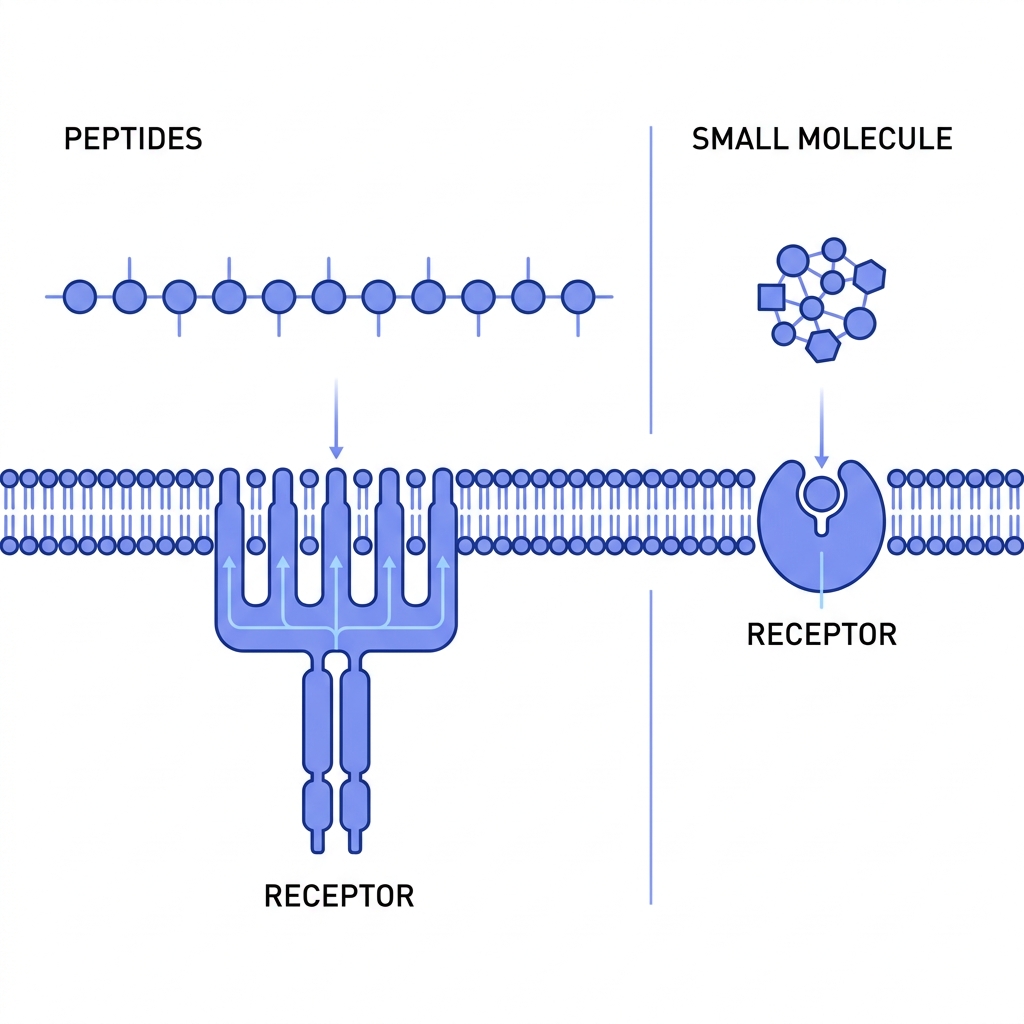 Minimal schematic comparing peptides chains and small molecules showing relative length and receptor binding on a white background with blue accents in Peptide World minimalist style