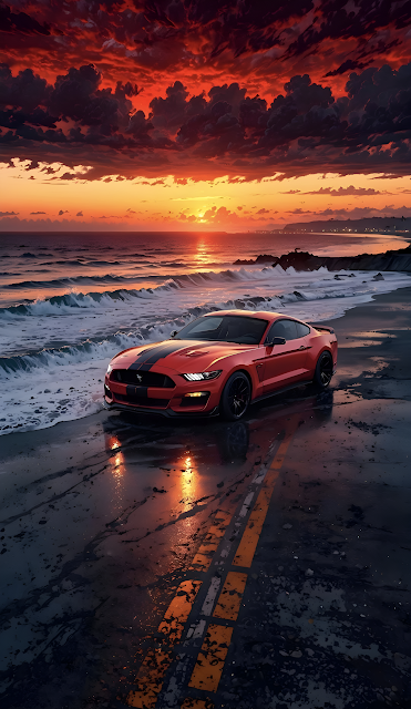 Red Ford Mustang Sunset Beach Drive Ocean Waves - Free mobile Wallpaper