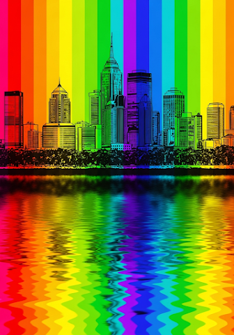 Rainbow Cityscape Watercolor Reflection
