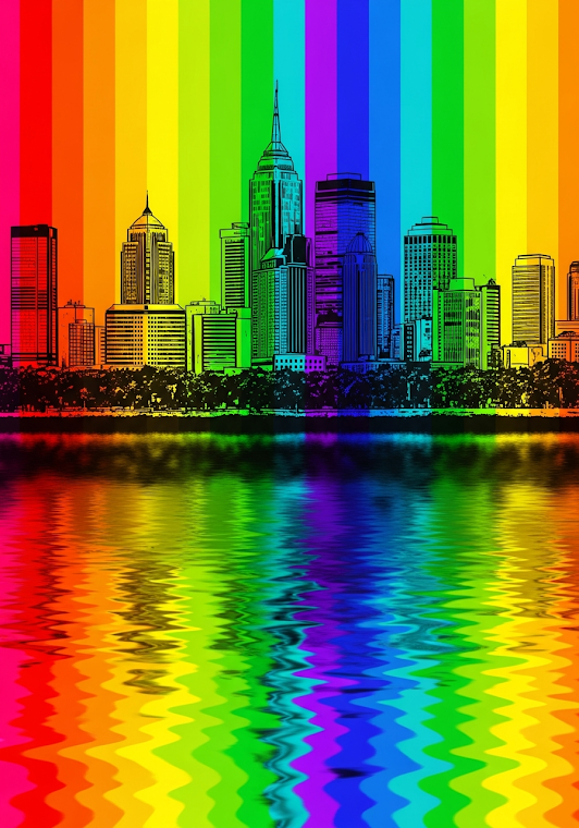 Rainbow Cityscape Watercolor Reflection
