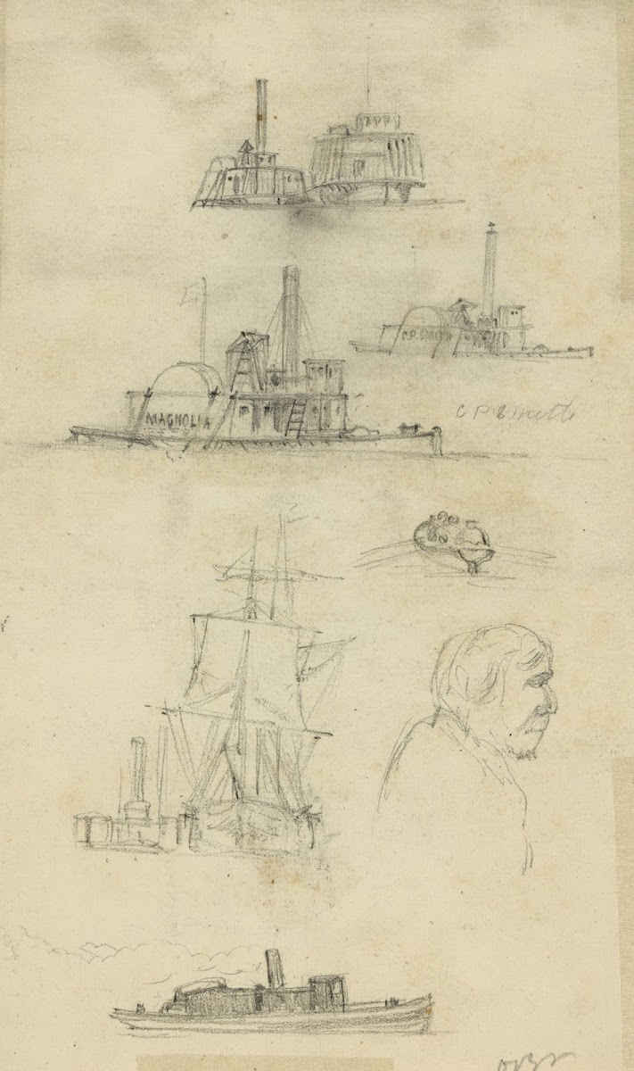 Broadside and bow views of eight ships and boats and an unidentified profile bus