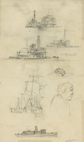 Broadside and bow views of eight ships and boats and an unidentified profile bus