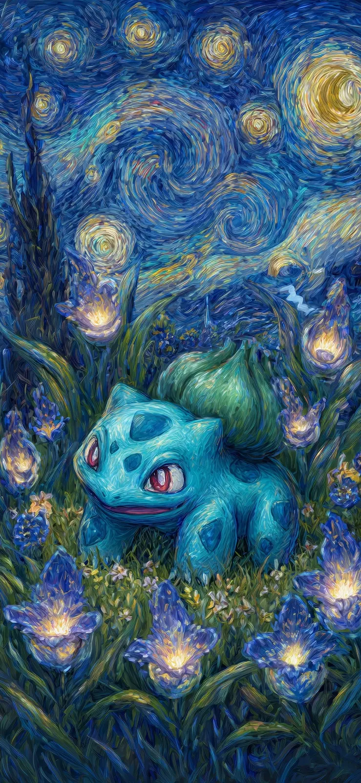 Bulbasaur Under A Starry Night - Impressionist Digital Art Full HD iPhone Wallpaper (1417x3070)