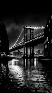 Black and White Manhattan Bridge Night Reflection