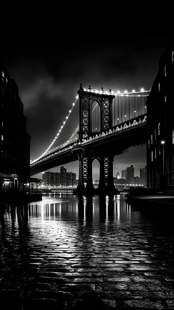 Black and White Manhattan Bridge Night Reflection - Free mobile Wallpaper