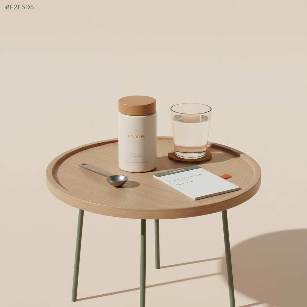Motus jar on a wooden table with measuring spoon, glass of water and a handwritten sleep and mood notepad in a minimalist Tonum scene — supplements to lower cortisol