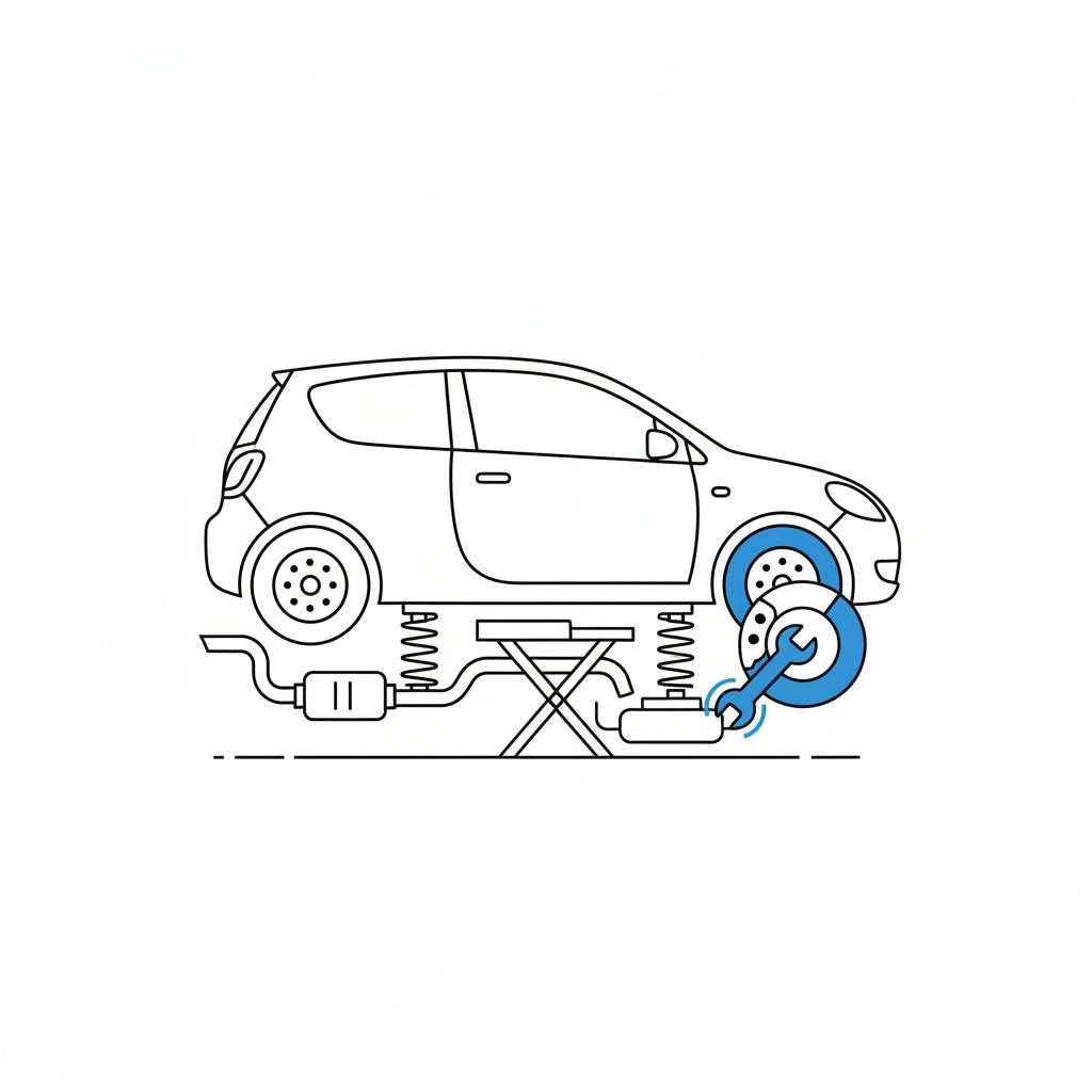 Minimal 2D vector of a used car undercarriage with a wrench highlighting a component showing an inspection at a gmc car dealership near me