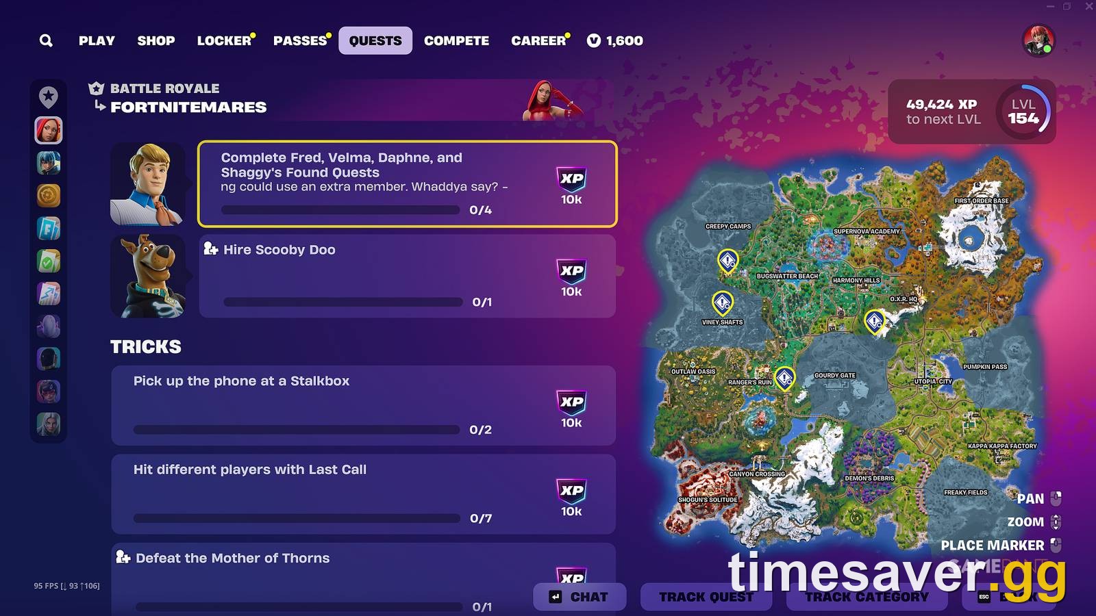 In-game Fortnite Quests tab filtered to the Fortnitemares category, showing limited-time event quests with their XP rewards and progress bars