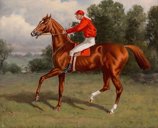 Chestnut racehorse possibly Chaos winner of the Second Futurity Stakes with jock