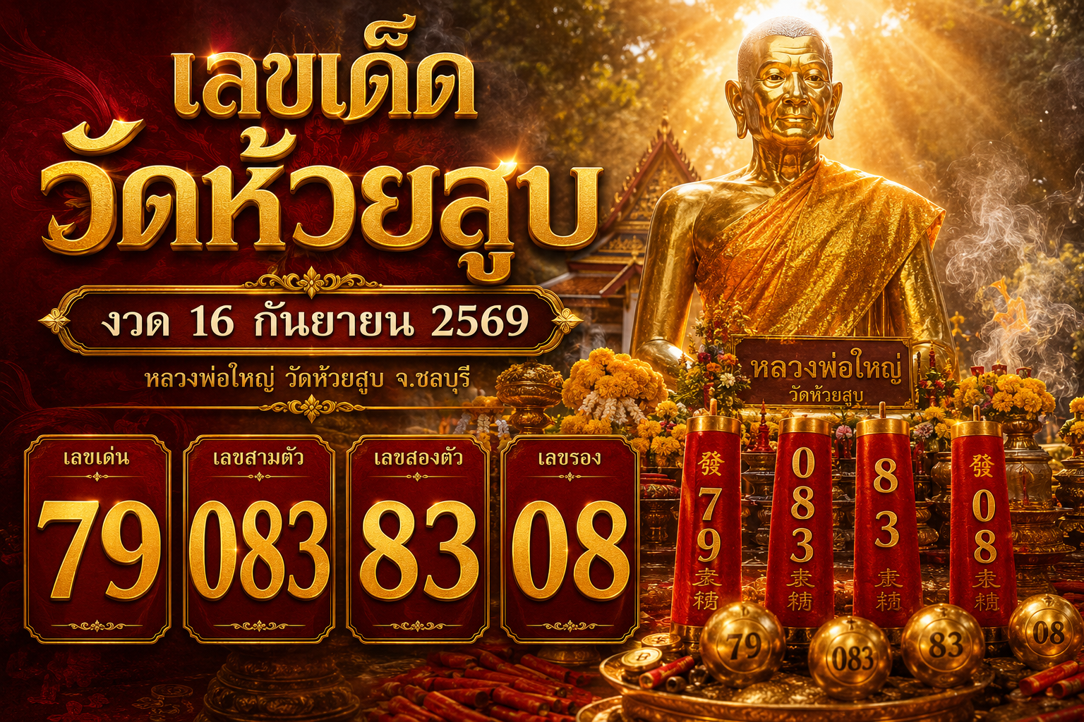 เลขเด็ดวัดห้วยสูบ งวด 16 กันยายน 2569 ส่องเลขหางประทัดแก้บนหลวงพ่อใหญ่ 2 หมื่นนัด