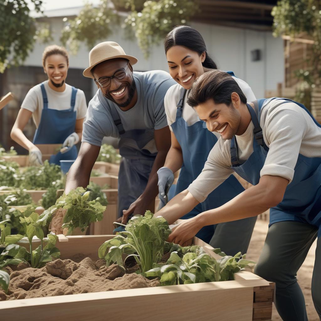 diverse group of people engaged in community volunteering activity, smiling and working together