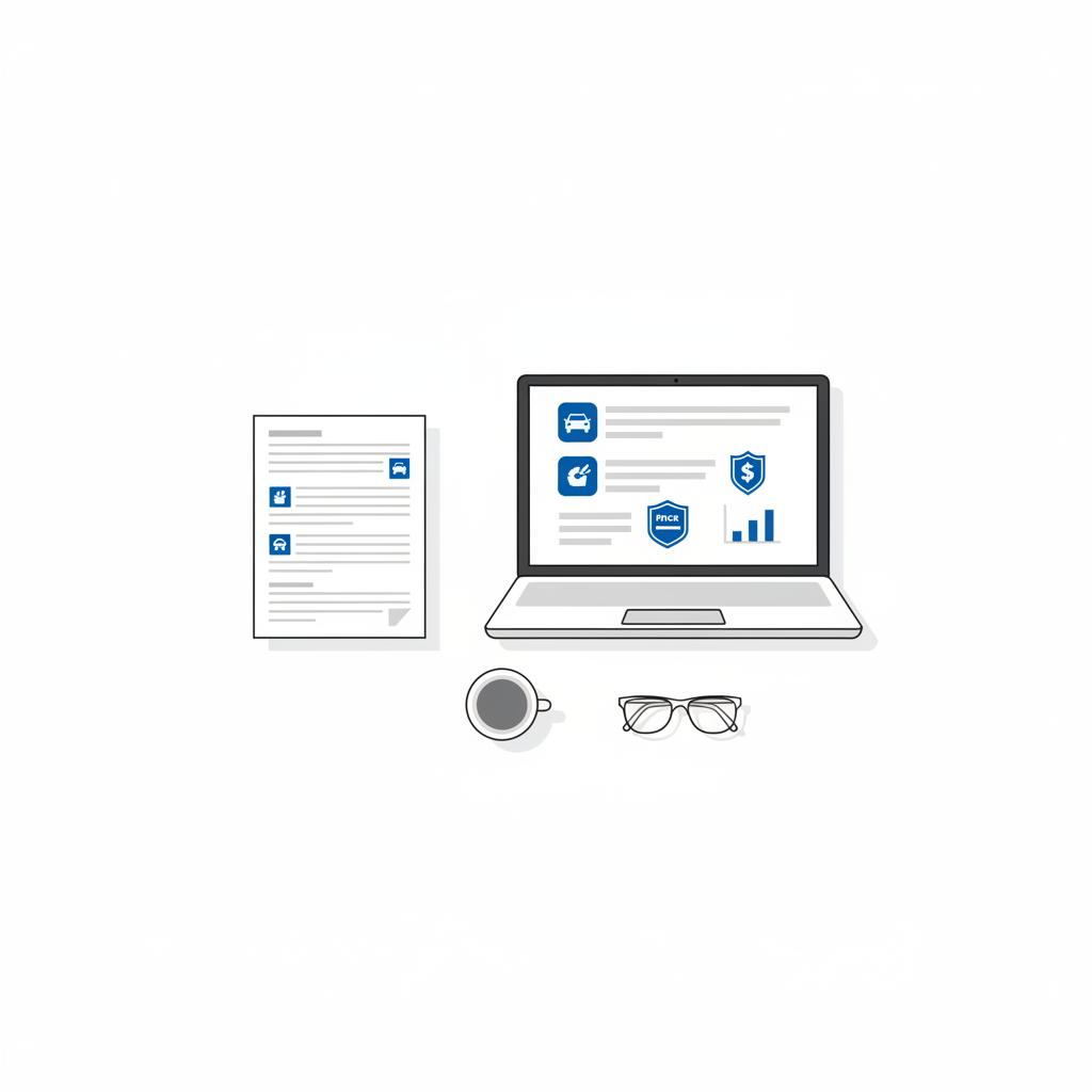 Minimalist vector of a printed vehicle history report next to a laptop showing blue price analysis labels suggesting a used porsche for sale