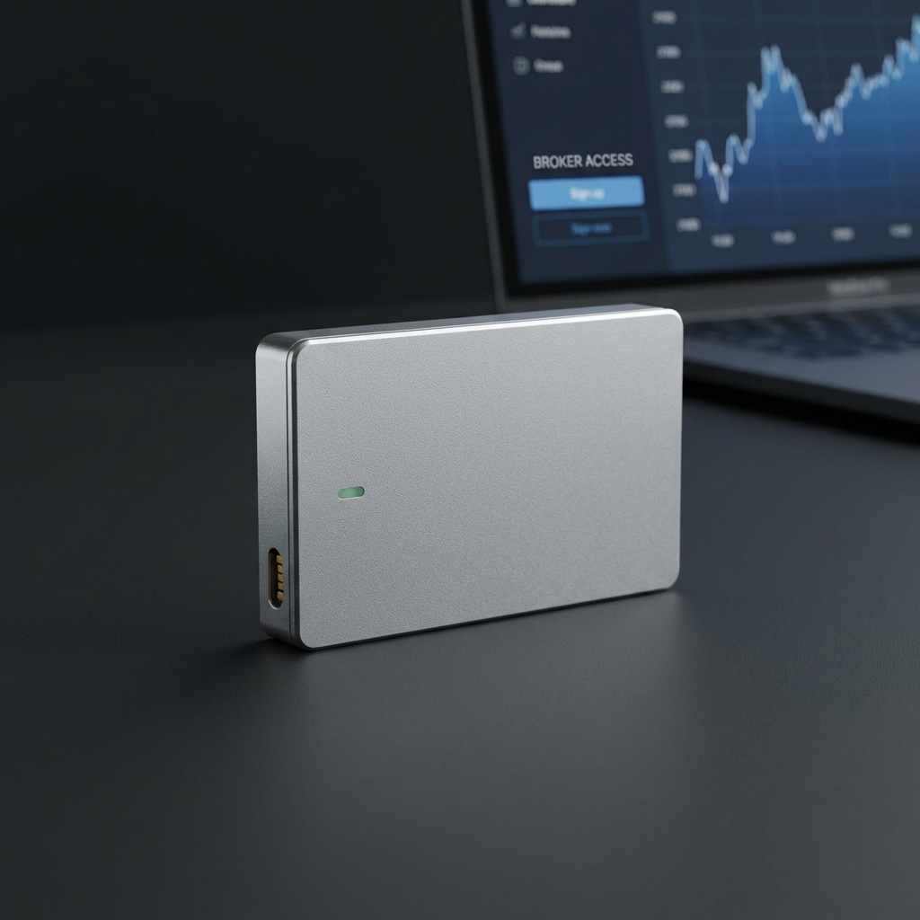 Close up hardware wallet on matte black desk with blurred laptop showing brokerage chart comparing personal custody and broker access best crypto etf