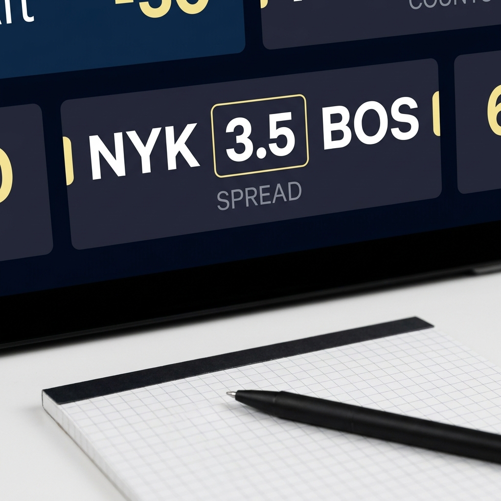 Close up of a digital scoreboard showing a half point spread with a notepad and pen for note taking minimal Funded Plays aesthetic dark background How College Basketball Spreads Work