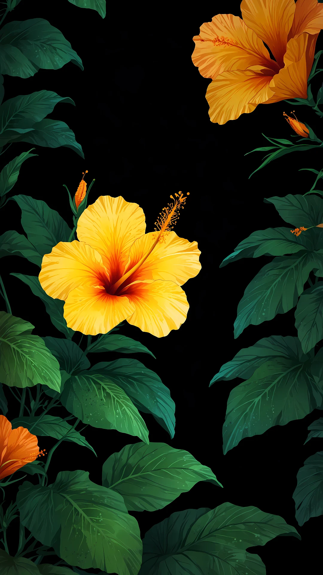 Tropical Yellow Hibiscus Flowers on Dark Background - Free 4K mobile Wallpaper