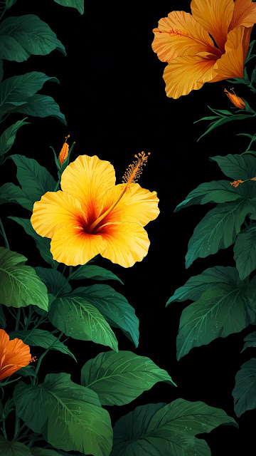 Tropical Yellow Hibiscus Flowers on Dark Background - Free mobile Wallpaper