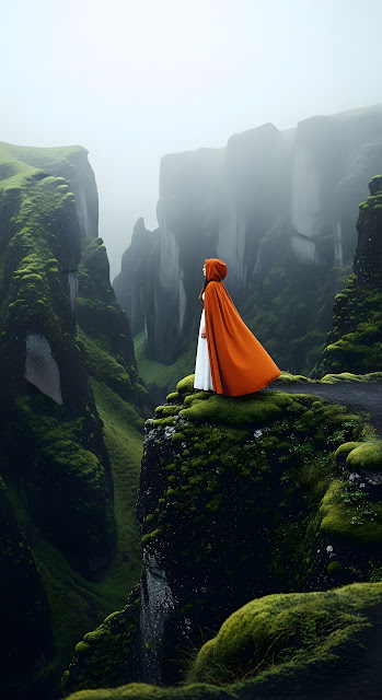 Dramatic High-Angle View of a Woman in an Orange Cloak on a Cliff Edge Overlooking a Mossy Canyon in the Mist - Free mobile Wallpaper