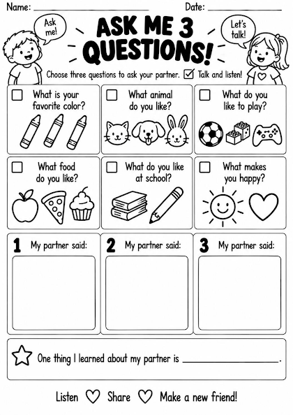 Ask Me Three Questions Worksheet