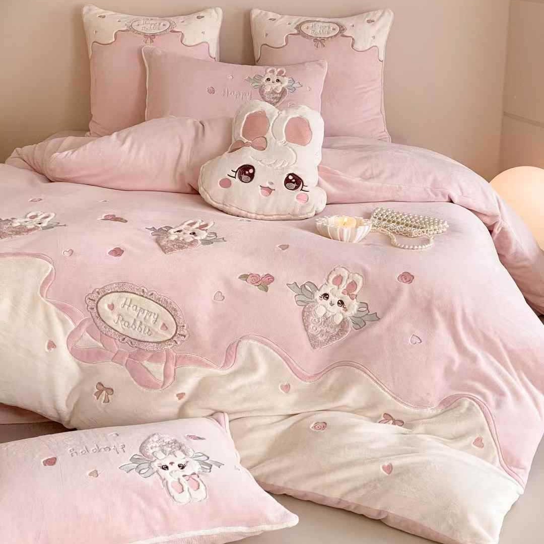 4-piece bedding set, milk fleece, cartoon pattern