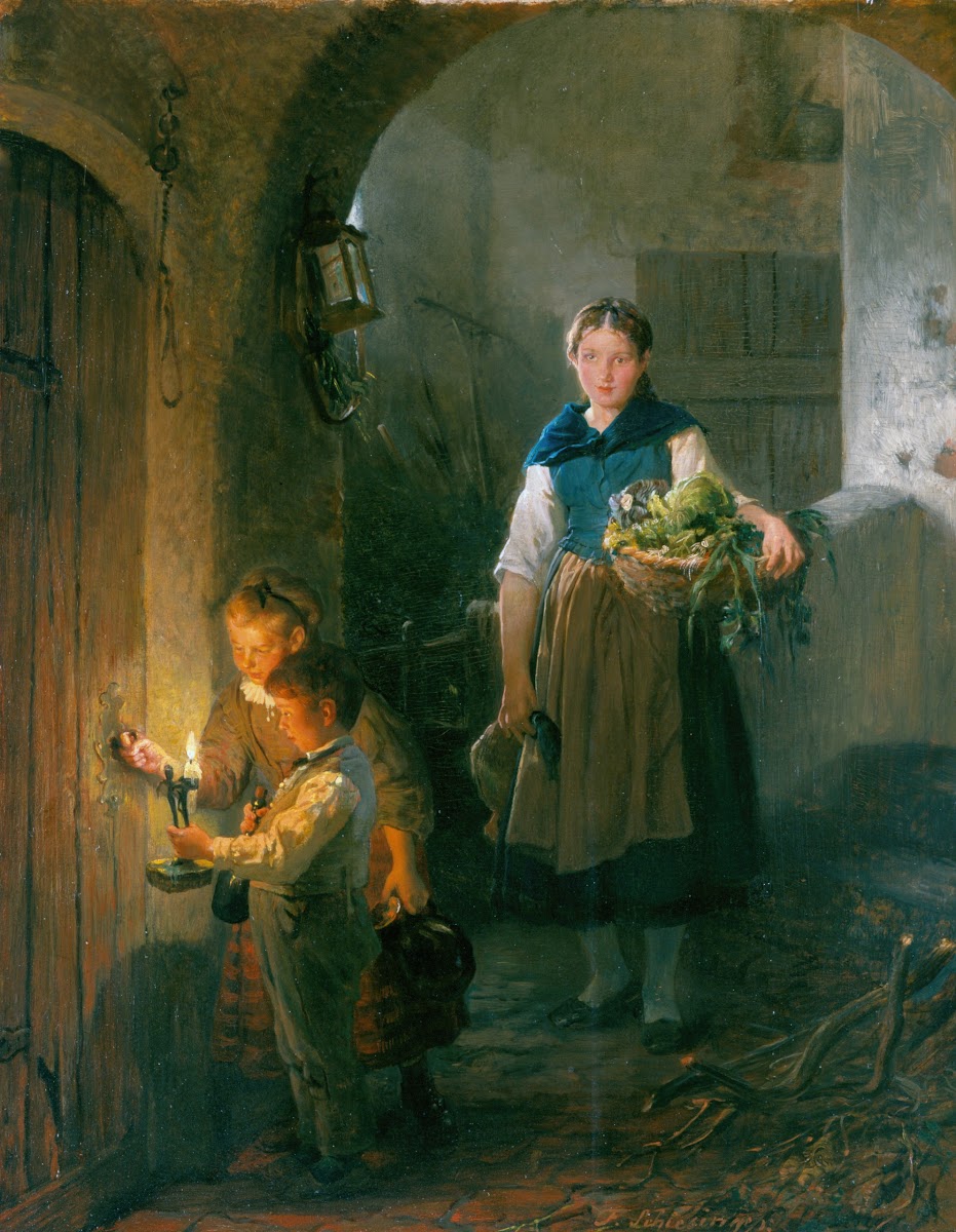 Küchenmagd mit Kindern im Vorratskeller