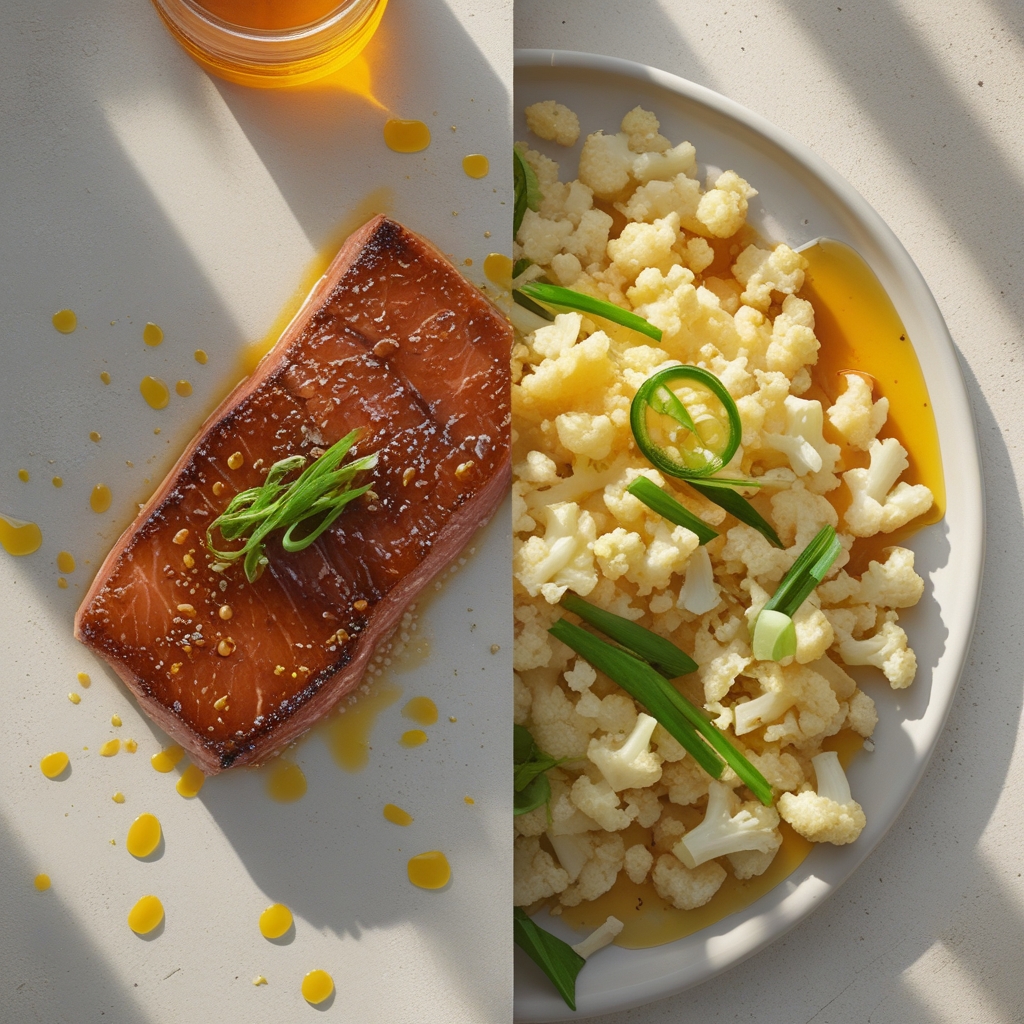 Miso-Glazed Seared Tuna Bowl with Cauliflower Fried Rice & Pickled Ginger