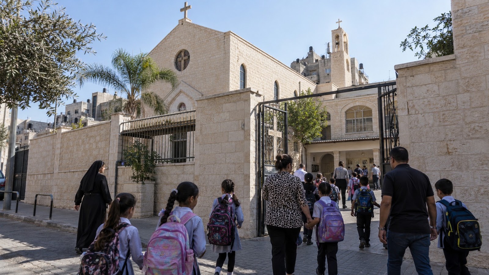 Crianças chegam a escola ligada a igreja católica em Gaza em reconstrução fotográfica editorial.