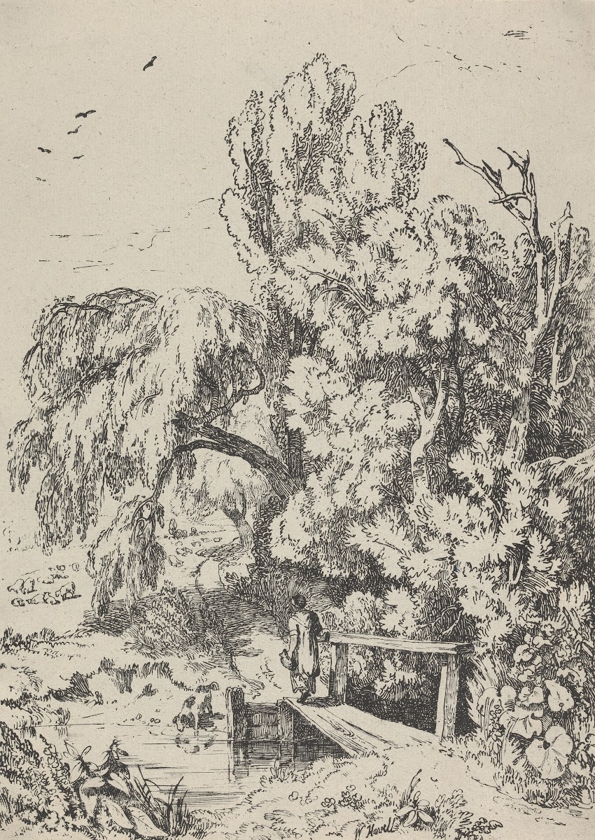 Landscape with Trees Girl Crossing a Footbridge