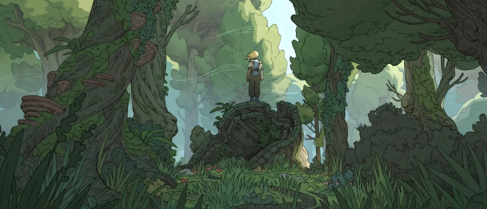 Young Adventurer In Overgrown Forest - Hand-Drawn Illustration 4K Wallpaper (5040x2160)