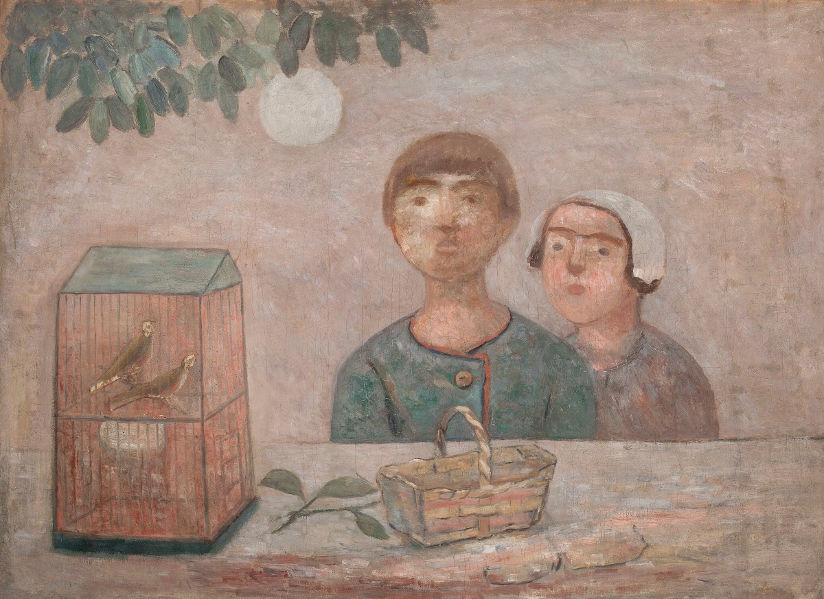 Children in front of a cage with little birds 1922