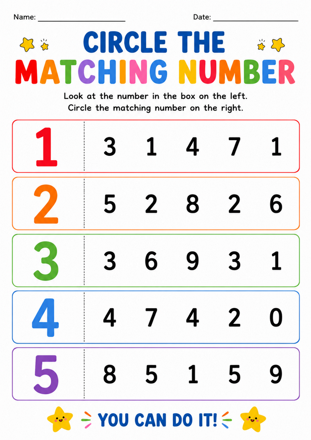 Circle the Matching Number Worksheet
