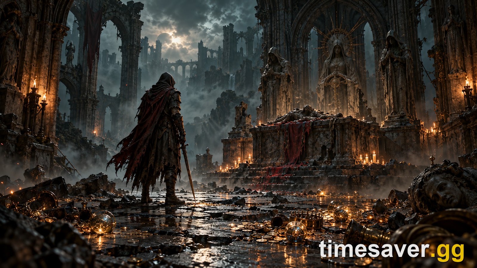 PoE2-style dark-fantasy scene — an exile before a ruined ritual altar as scattered orbs dim, evoking value fading at league end
