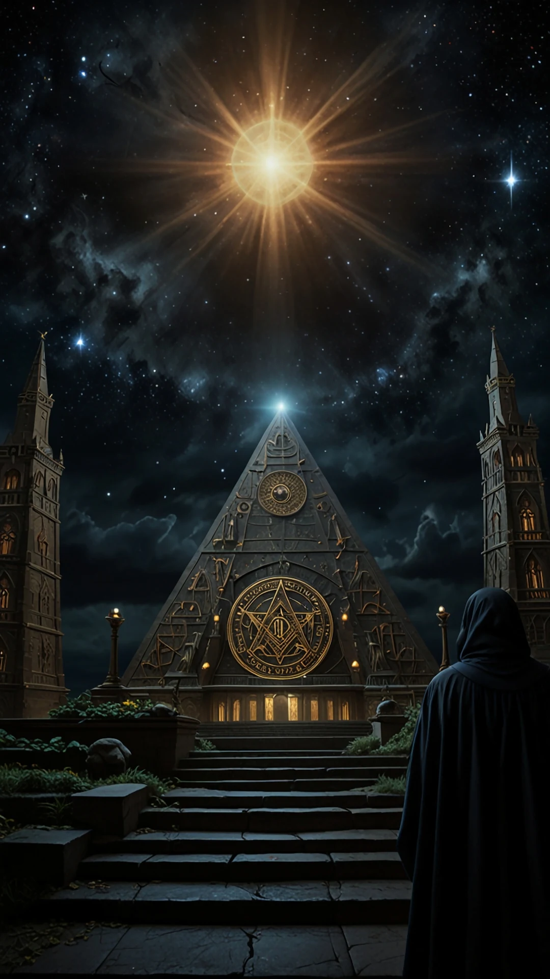 Esoteric Pyramid Temple Under Celestial Starburst - Free 4K mobile Wallpaper