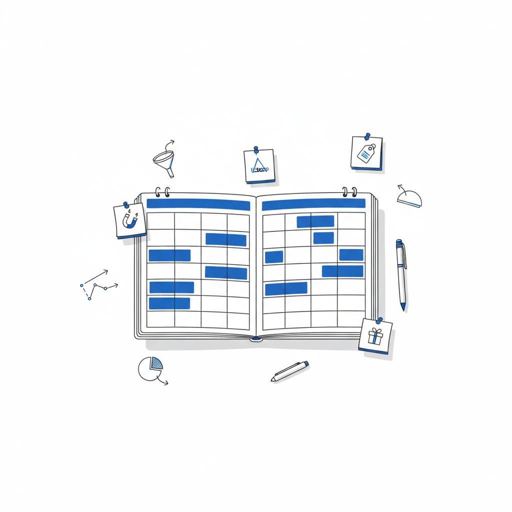 Minimalist 2D vector desk scene with an open two-week calendar showing color-coded evening and midday test blocks and sticky-note icon sketches &mdash; best time to run TikTok ads