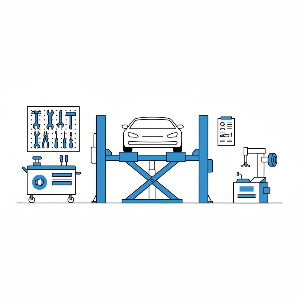 Minimalist 2D vector mechanic bay with a car on a lift and tidy inspection area illustrating current market value of a car with CarFax Deals blue accents