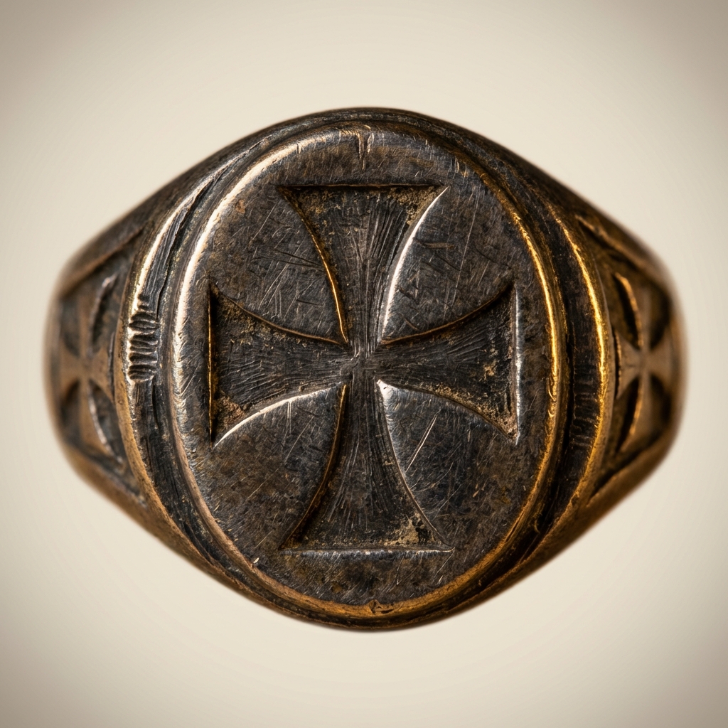 Close up full frame macro of an antique knights templar ring bezel and shoulders showing patina and tool marks on a minimalist cream background #ede7da
